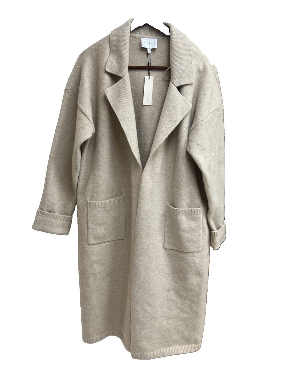 MABLE Long Knit Cardigan Sweater Coat L Oatmeal Beige Open Front Coatigan Pocket